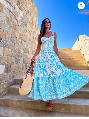 Light Blue & White Printed Sundress - Women